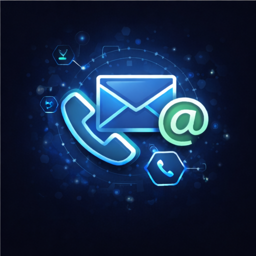 Glowing blue digital illustration featuring a telephone handset, a mail envelope, and an at-symbol (@) surrounded by tech-themed hexagonal icons.