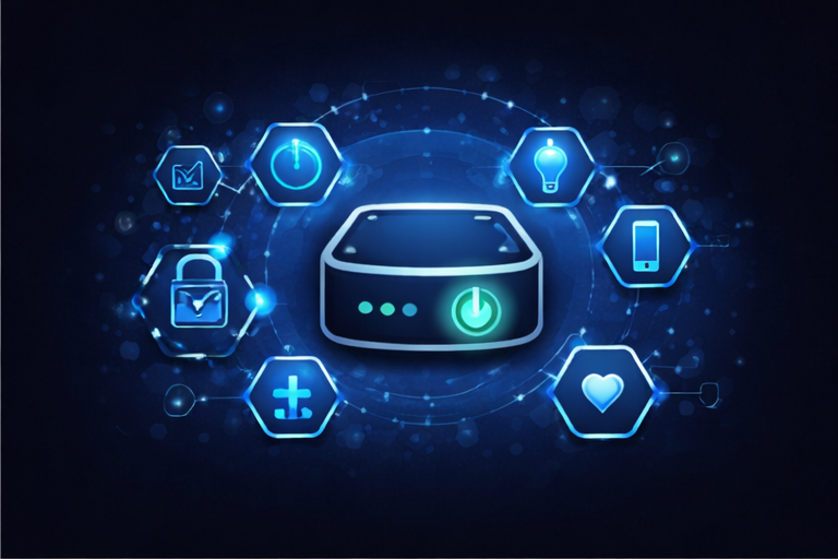 Digital illustration of a Hubitat smart home hub surrounded by glowing blue icons for security, lighting, automation, and mobile connectivity.
